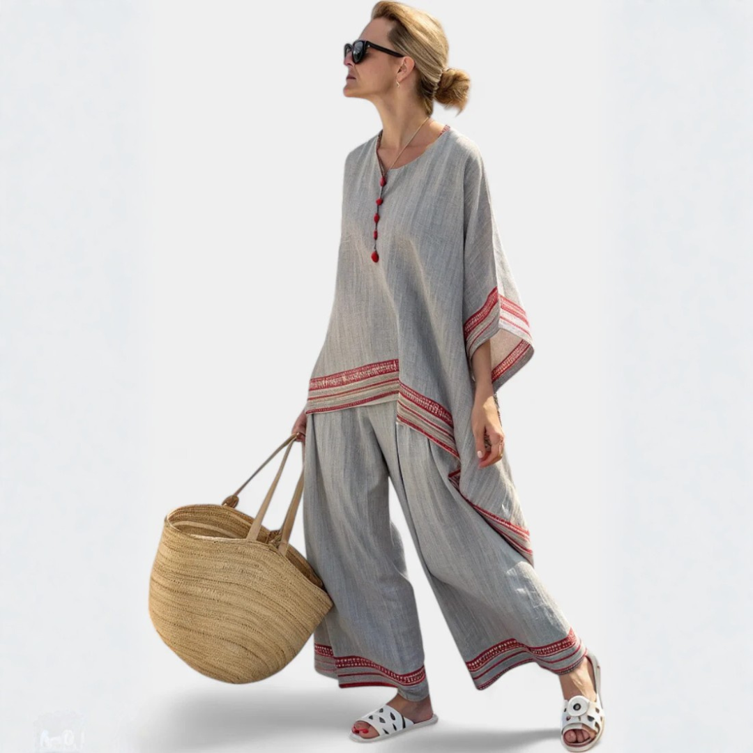 Zoe | Chic Women's Outfit with Asymmetrical Blouse and Wide-Leg Pants