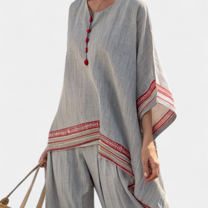 Zoe | Chic Women's Outfit with Asymmetrical Blouse and Wide-Leg Pants