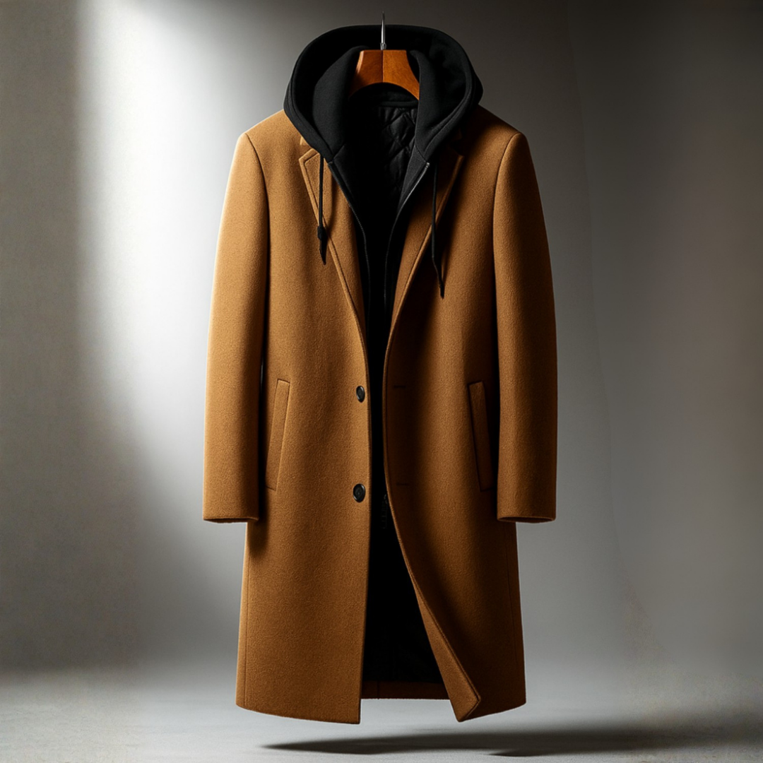 Gabriel | Stylish Black Trench Coat for Men with Oversized Hood