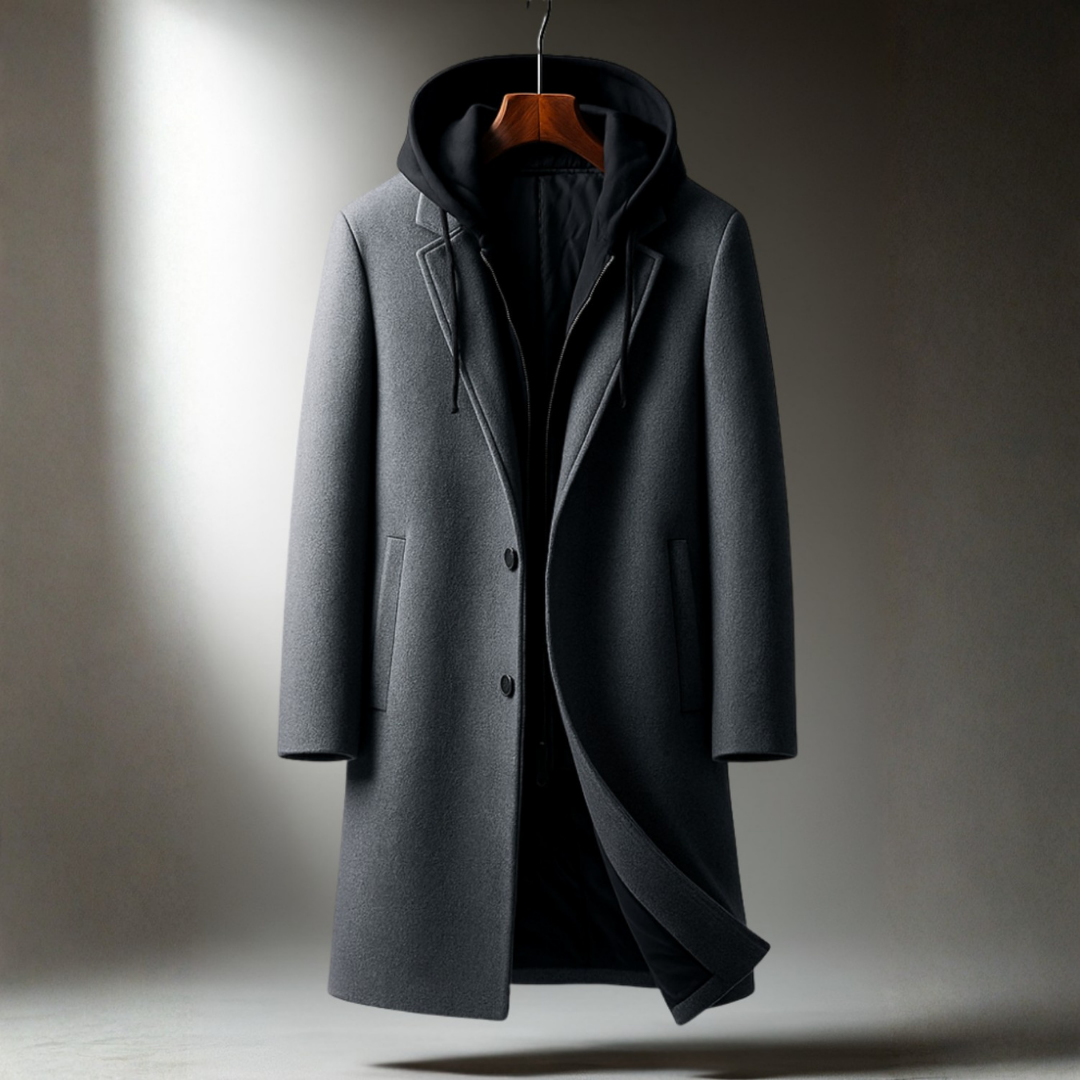 Gabriel | Stylish Black Trench Coat for Men with Oversized Hood