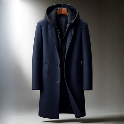 Gabriel | Stylish Black Trench Coat for Men with Oversized Hood