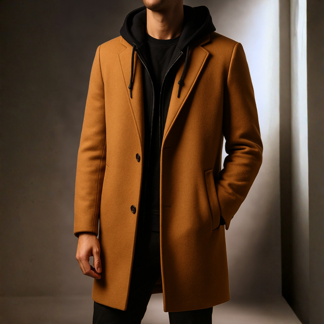 Gabriel | Stylish Black Trench Coat for Men with Oversized Hood