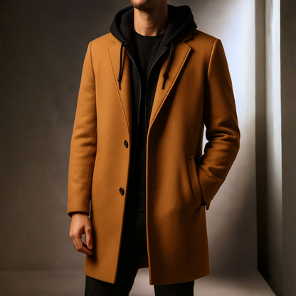 Gabriel | Stylish Black Trench Coat for Men with Oversized Hood