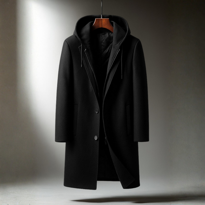 Gabriel | Stylish Black Trench Coat for Men with Oversized Hood